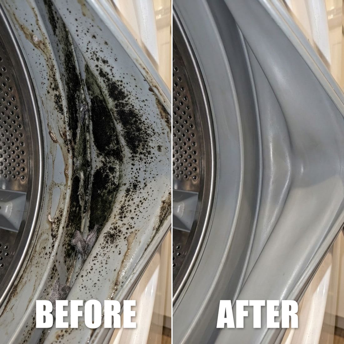 Before and after split-screen comparison of the washer gasket — heavy mold and grime on the left, clean rubber on the right